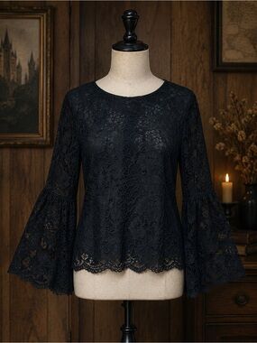 Black Lace Bell-Sleeve Witchy Black Academia Renaissance Fair Women’s Blouse